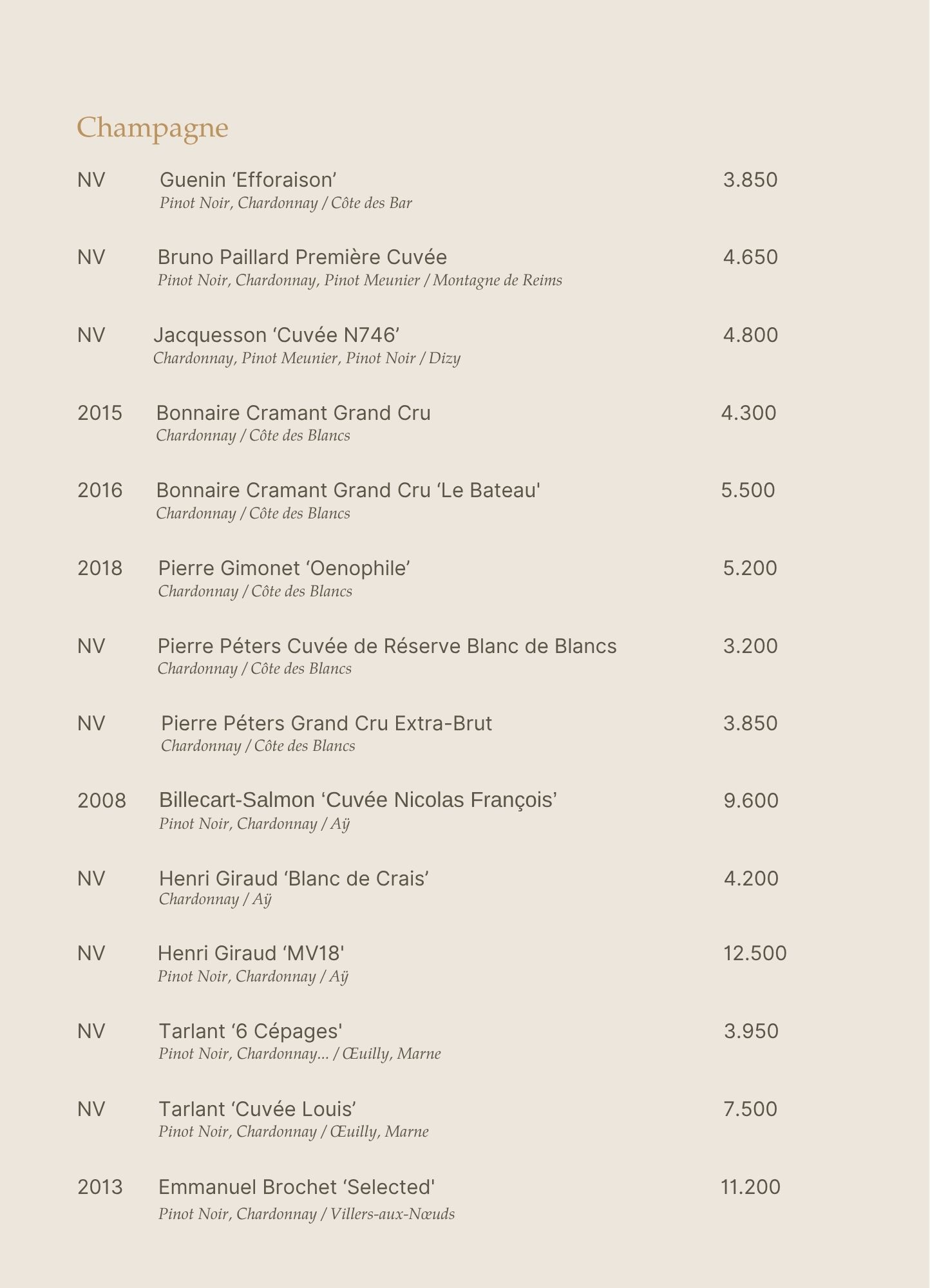 Menu - Upstairs Tasting Room