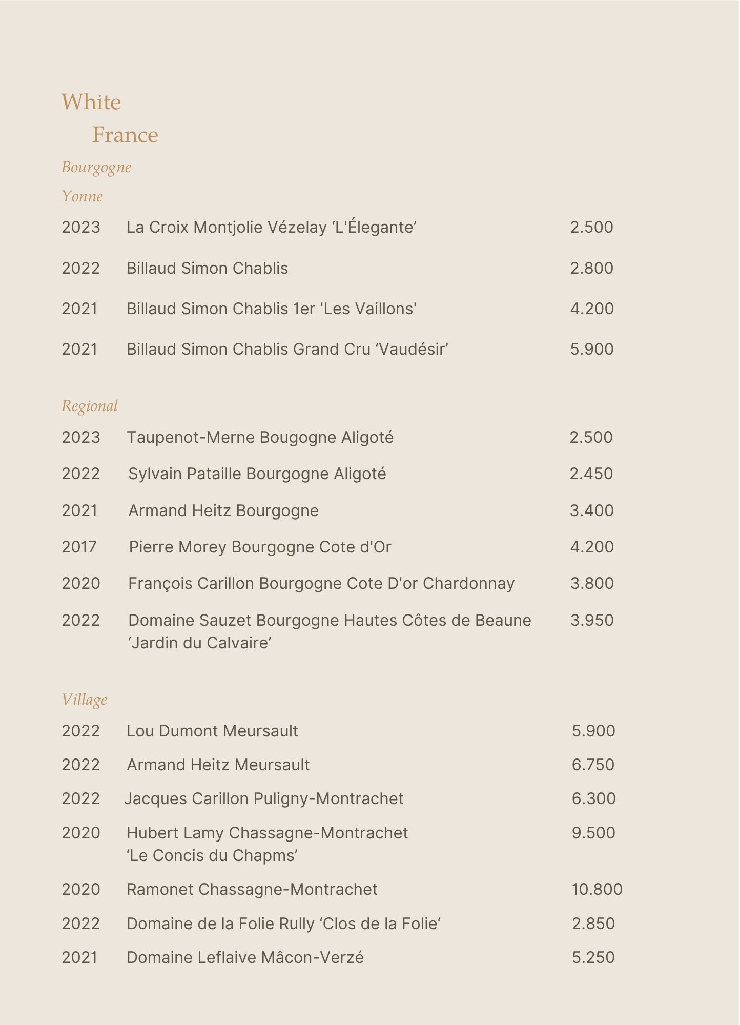 Menu - Upstairs Tasting Room