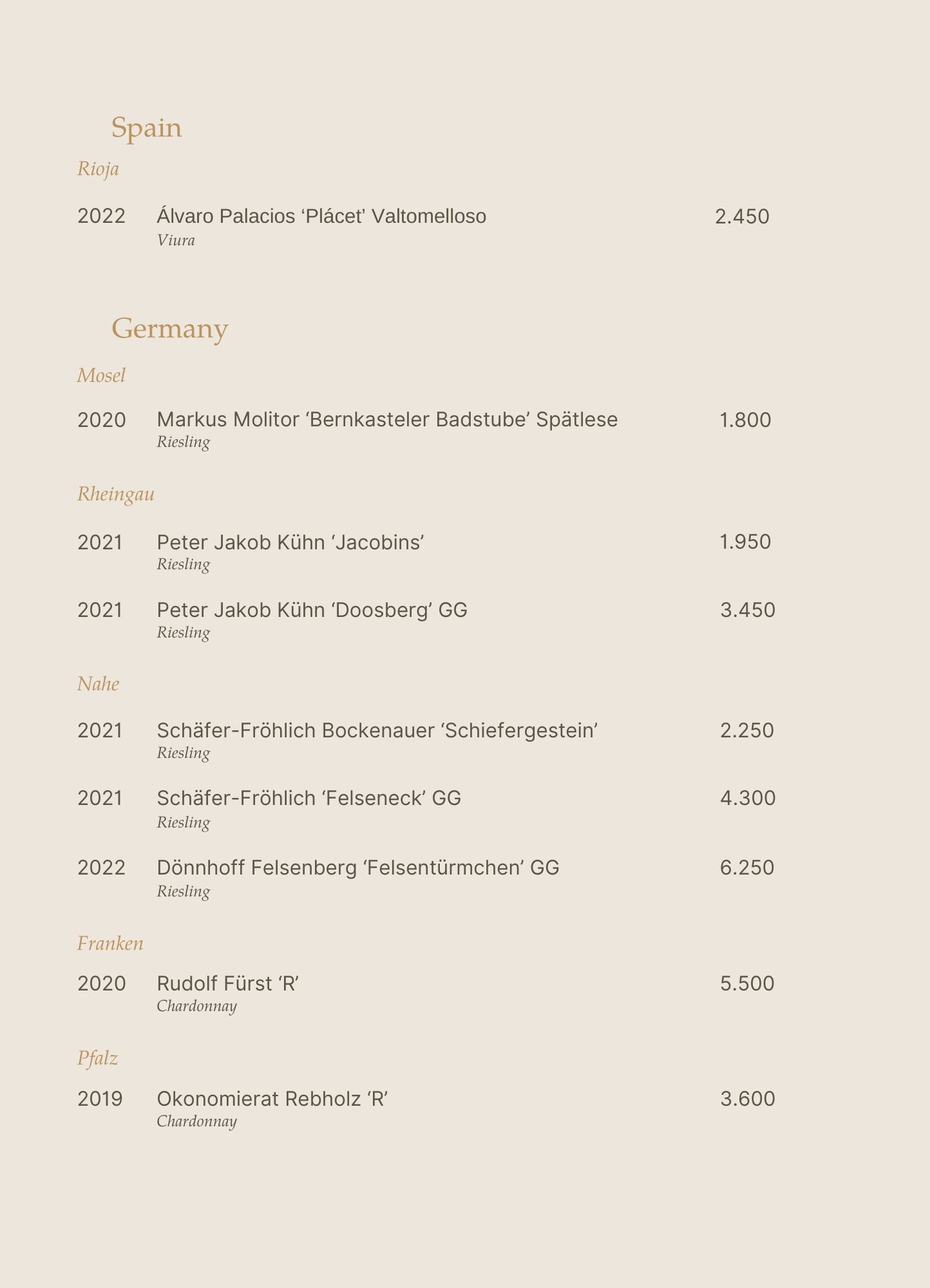 Menu - Upstairs Tasting Room