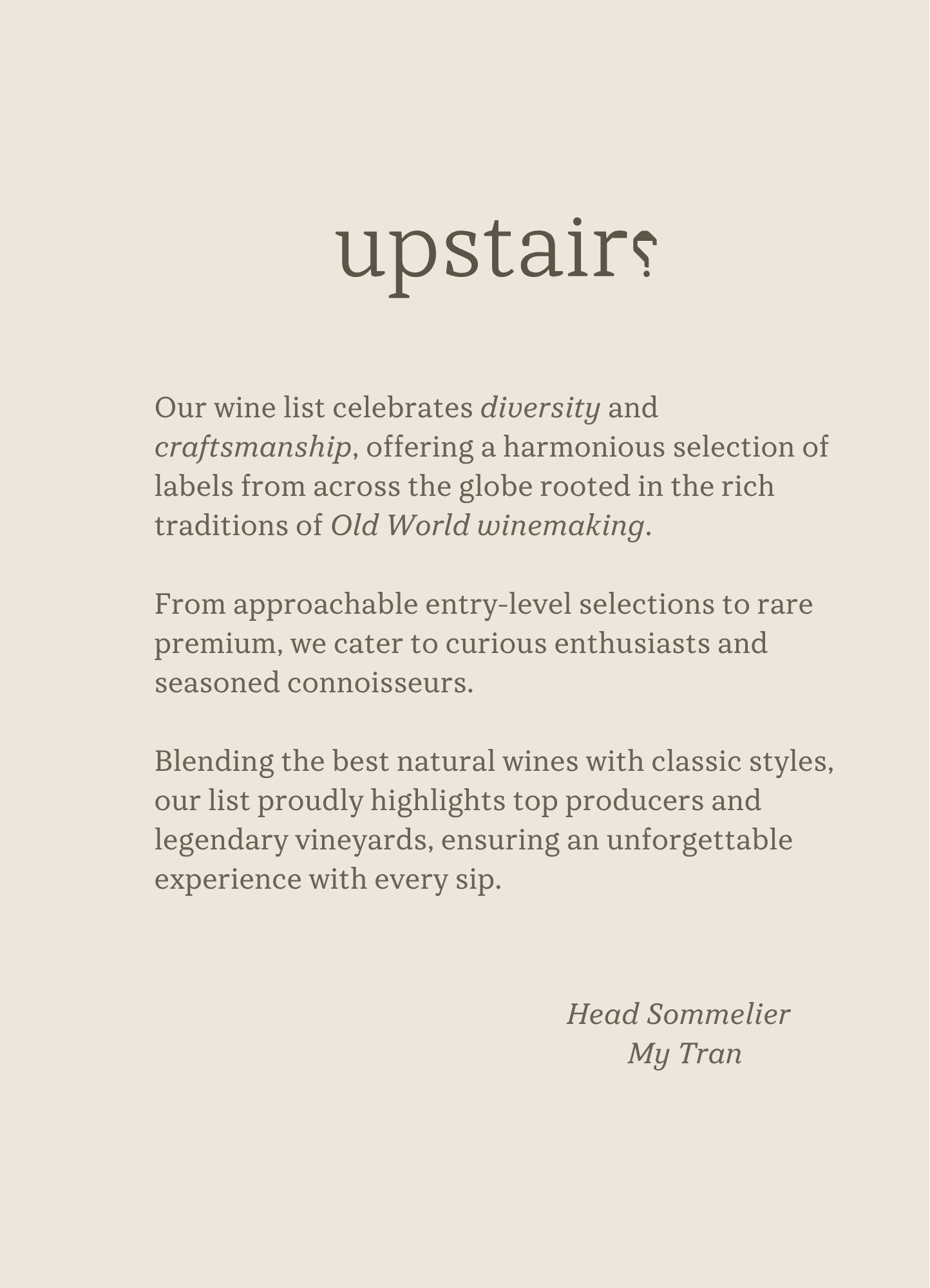 Menu - Upstairs Tasting Room