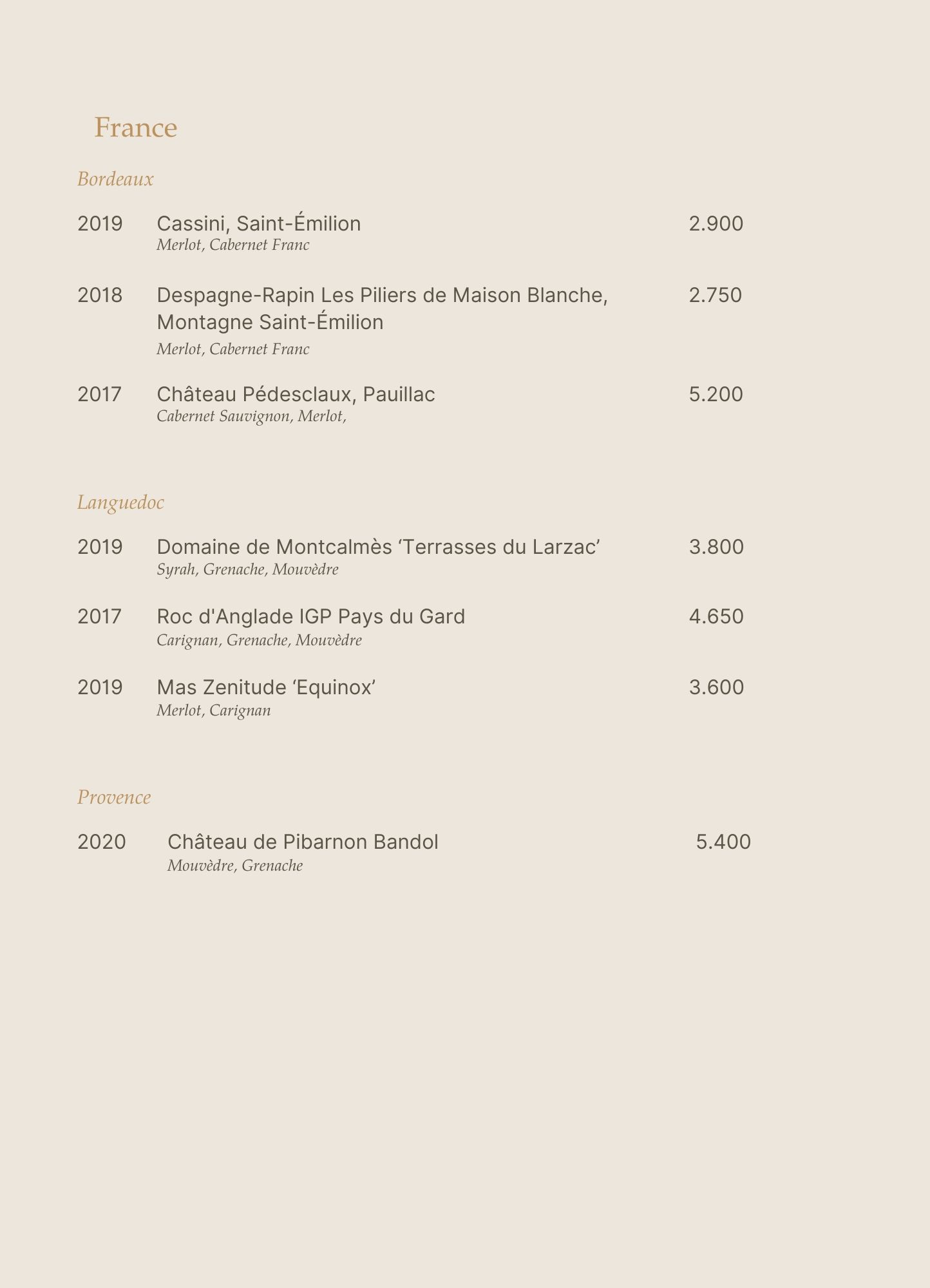 Menu - Upstairs Tasting Room