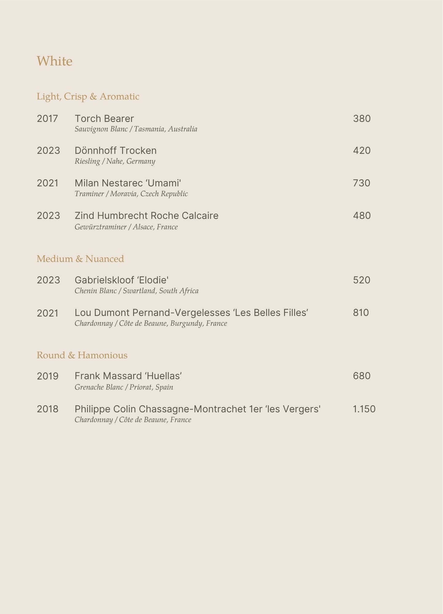 Menu - Upstairs Tasting Room