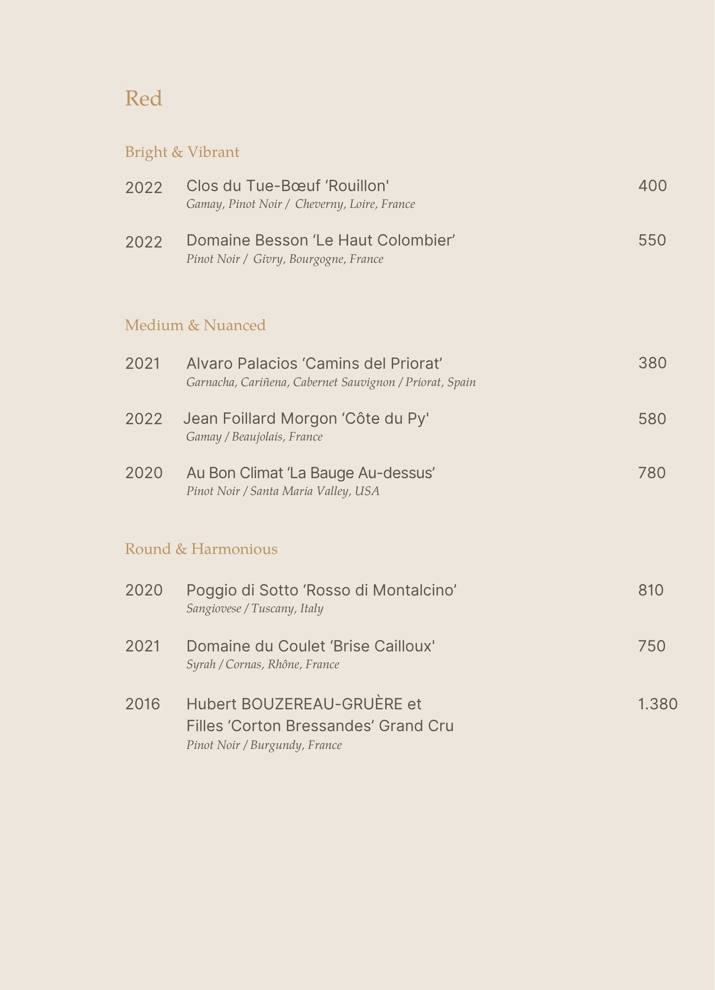 Menu - Upstairs Tasting Room