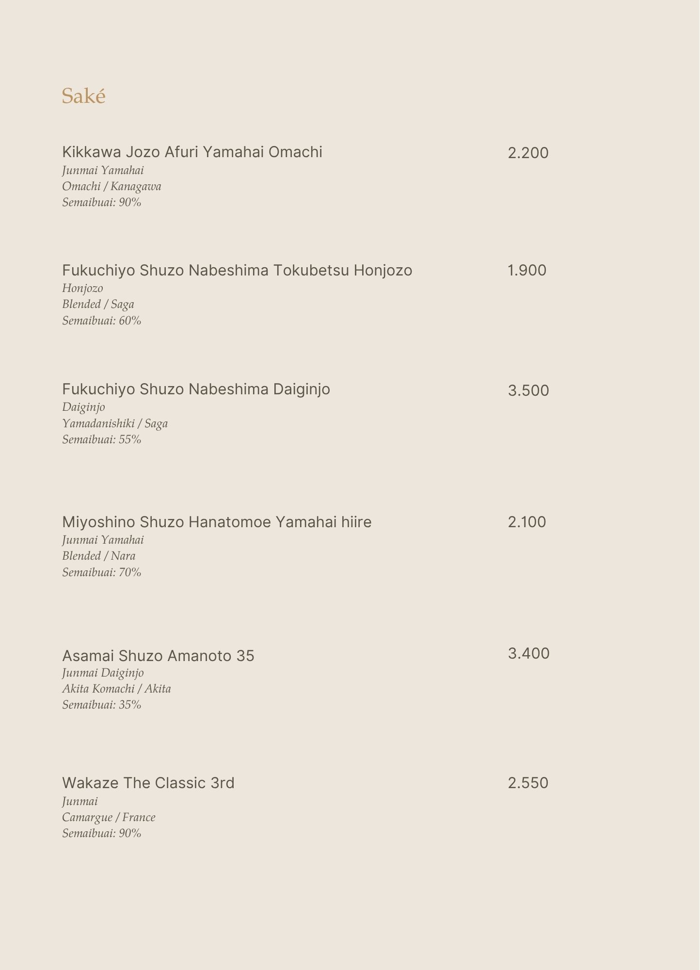 Menu - Upstairs Tasting Room