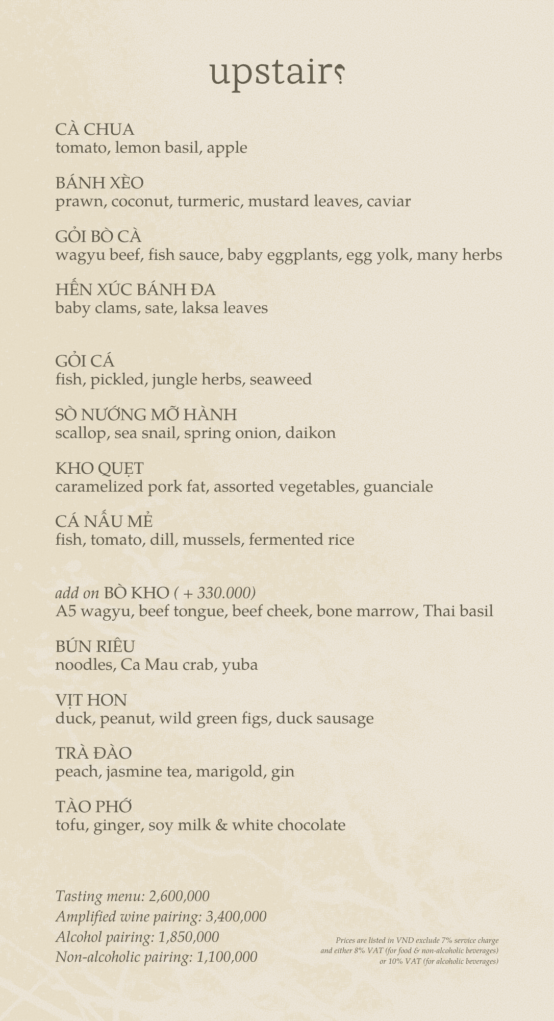 Menu - Upstairs Tasting Room