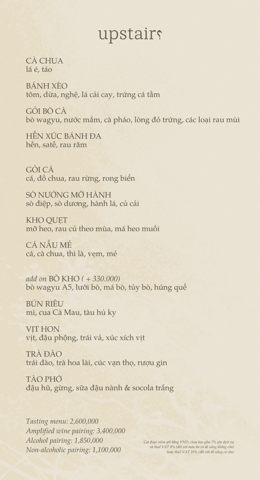 Menu - Upstairs Tasting Room