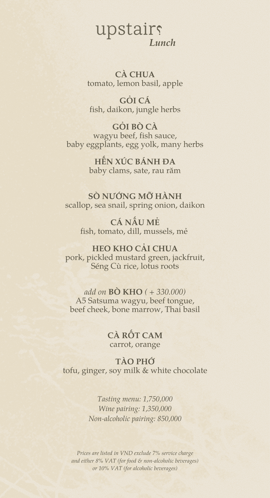 Menu - Upstairs Tasting Room